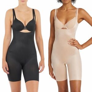 SPANX 1X (SET of 2) Thinstincts Open Bust Mid-thigh Shaper Bodysuit Black nude